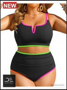 Plus Size High Waisted Bikini Two Piece Swimsuit Tummy Control V-Wired Swimwear